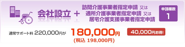 会社設立＋訪問介護事業者指定申請又は通所介護事業者指定申請又は居宅介護支援事業者指定申請　通常サポート料220,000円が180,000円40,000円お得！