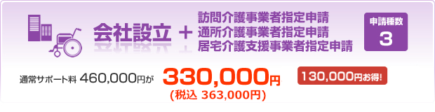 会社設立＋訪問介護事業者指定申請&通所介護事業者指定申請&居宅介護支援事業者指定申請　通常サポート460,000円が330,000円130,000円お得！